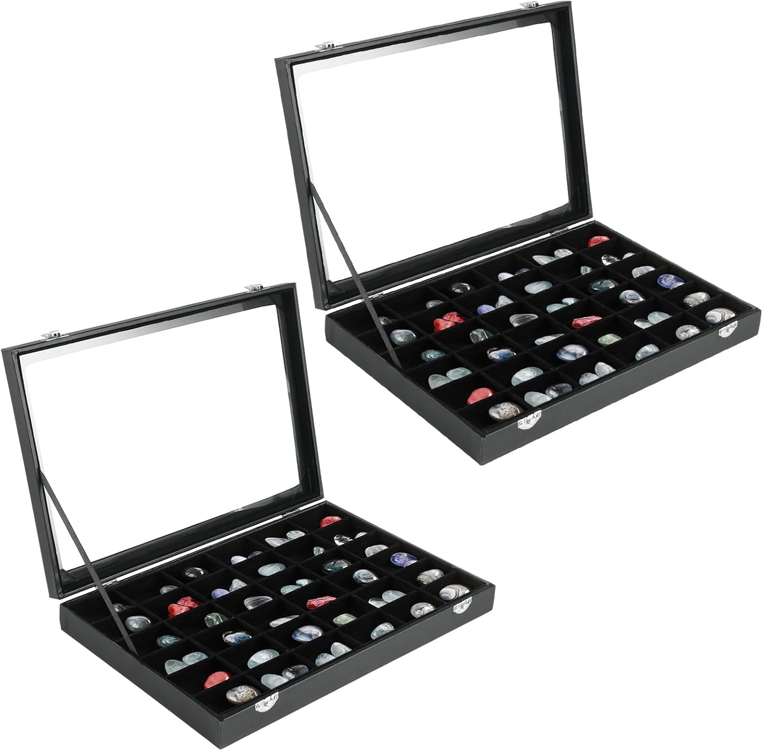 Acrux7 2 Pack Rock Collection Display Case, 36 Grid Rock Display Case, Black PU Leather Rocks Collection Box with Clear Glass Lid and Soft Velvet Grids for Collectibles, Gemstone, Crystal, Small Stone