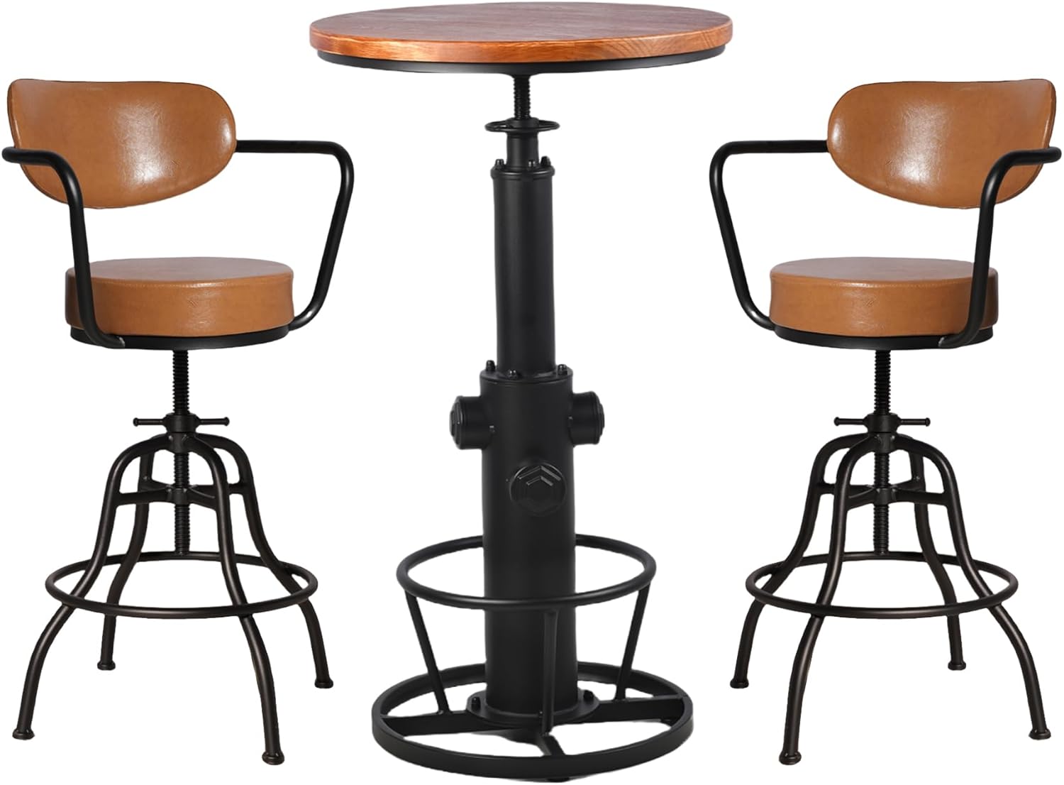 Stylish Brown & Industrial Black 3-Piece Bar Set: Height - Adjustable & Flexible Rotating Top, Space Saving Home Bar Furniture (Table:Fire-Hydrant Designed; Stools:Backrest, Armrest, Soft Cushion)