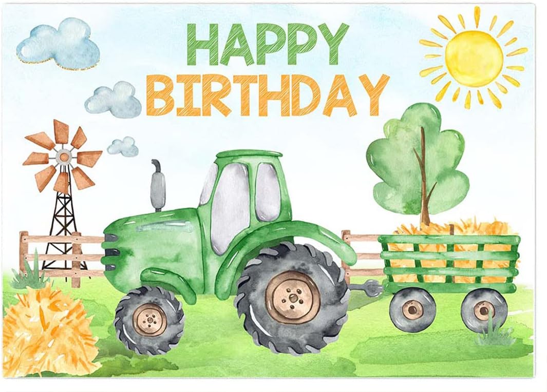 Avezano Farm Green Tractor Birthday Party Backdrop for Kids Farmyard Theme Happy Birthday Party Decorations Banner Supplies Photo Booth Prop (Green, 5x3ft)