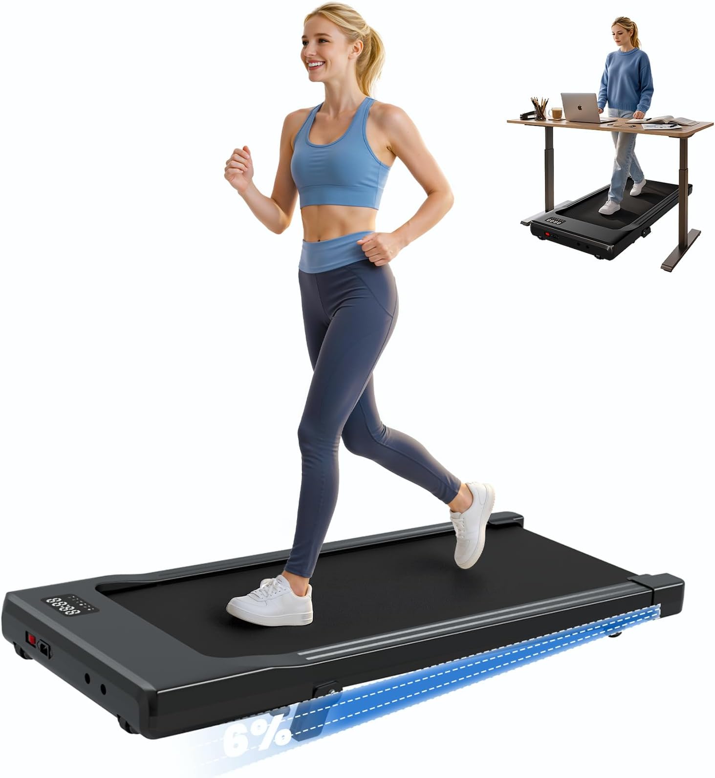 Under Desk Walking Pad Treadmill for Home & Office, 6% Manual Incline, 2.5 HP, 0.6–3.8 MPH Walking Speed, 300 lb Capacity, App & Remote Control