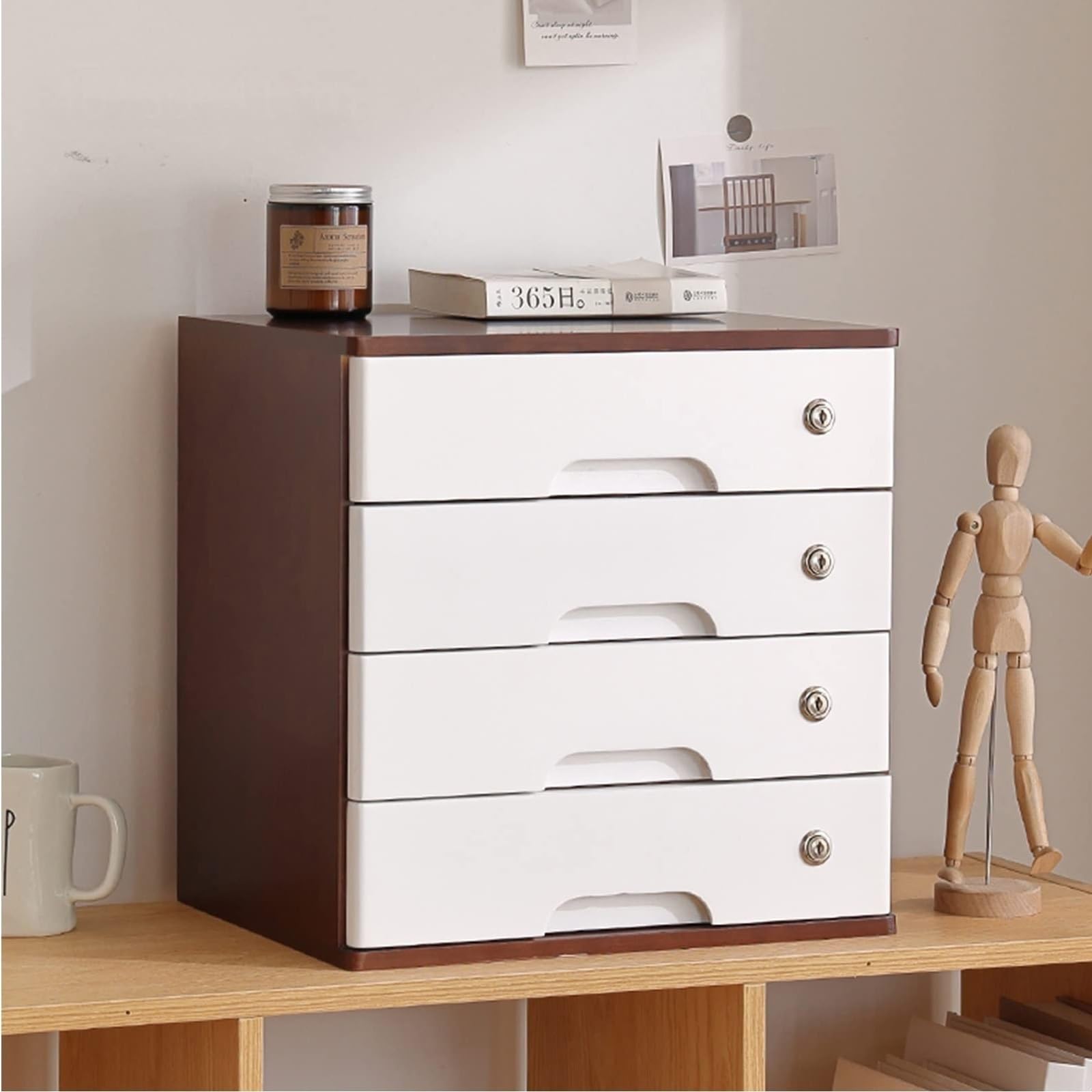SnamicE 4-Tier Lockable Wooden Desk File Cabinet-A4 Document Box For Office Supplies,Brown & White-Home & Office Storage Solution,