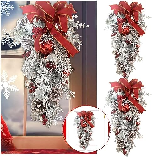 Red and White Holiday Wreaths for Front Door - Cordless Outdoor/Indoor Wall Hanging Christmas Garland Home Decor