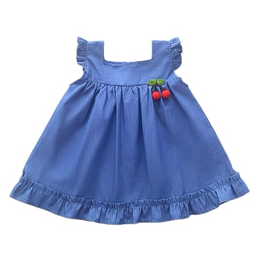 Vestido de Bebê e Infantil Jeans com Detalhe de Cereja Classico Luxo 100% Algodão Mundo Nina