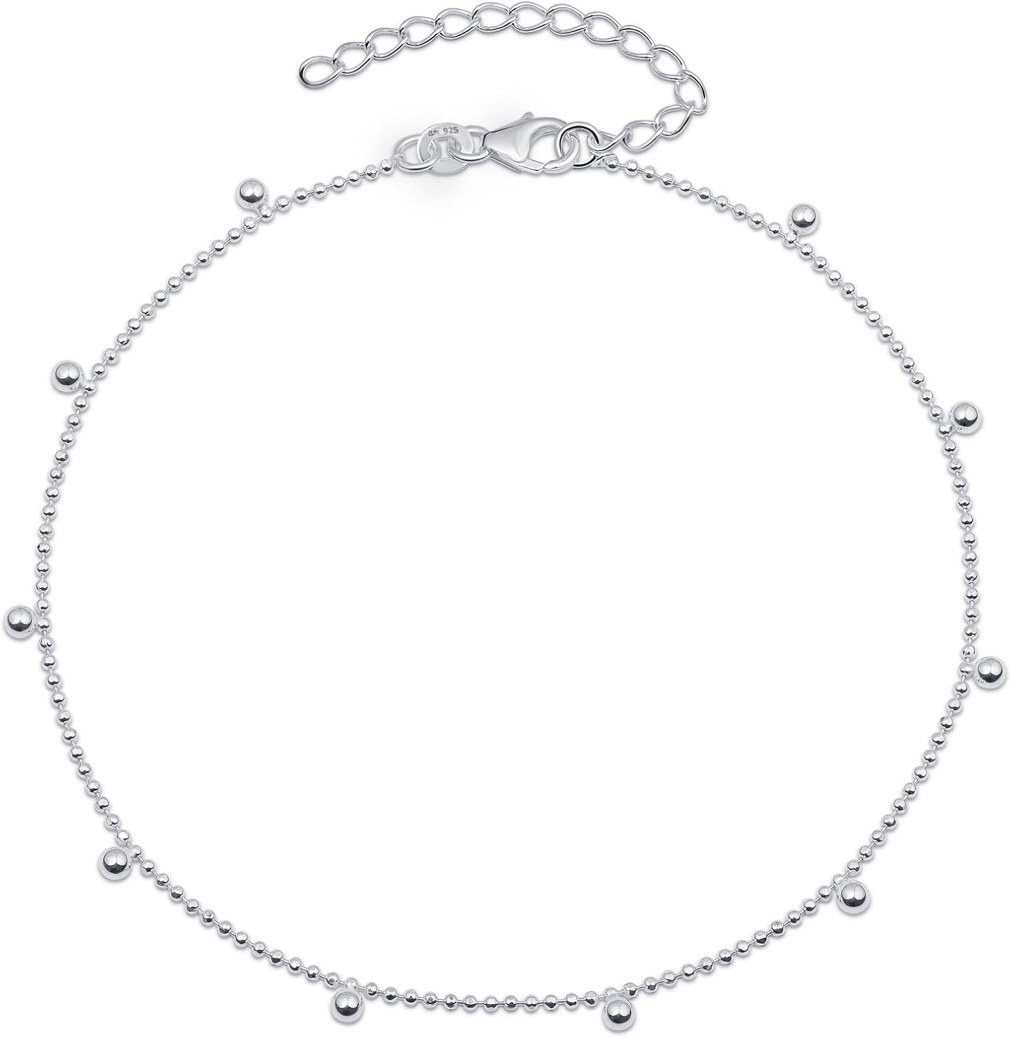 Amberta Italian Sterling Silver Anklet for Women 925 | Adjustable Ankle Bracelets for Women Beaded Heart Summer Jewelry