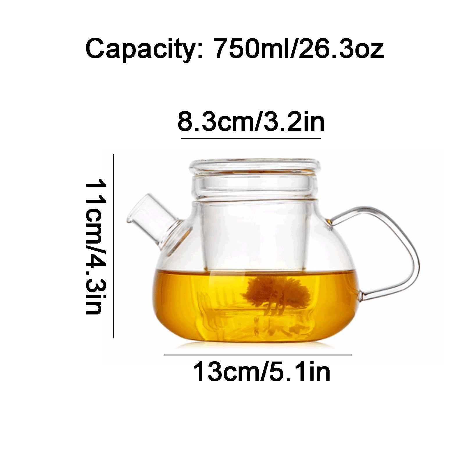 Waschbar Tisch-Teekanne aus Glas mit abnehmbarem Tee-Ei, transparente Teekanne mit Deckel, Teekannen-Set, großes Fassungsvermögen, 750 ml solide