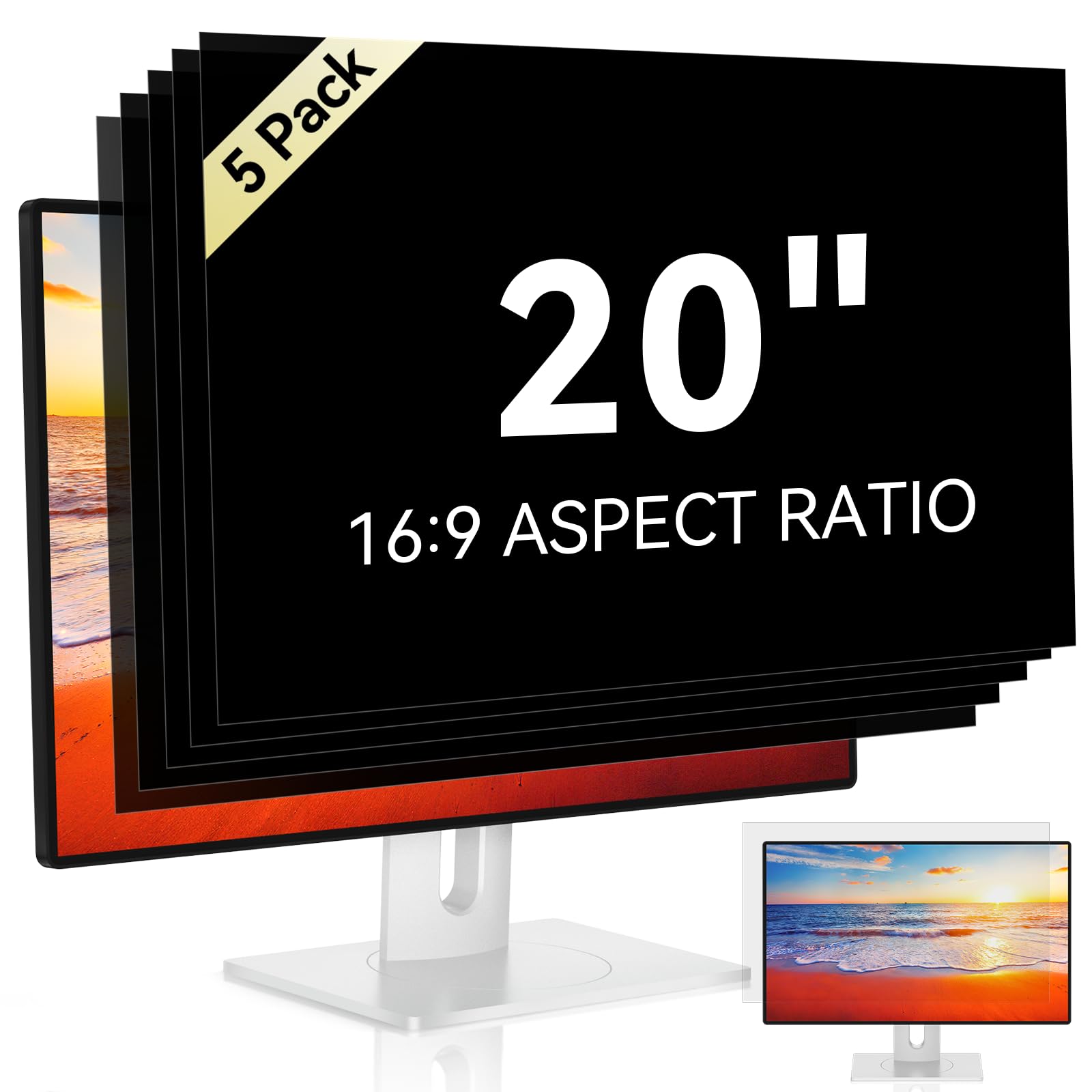 [5-Pack] 20 Inch Computer Privacy Screen for 16:9 Widescreen Monitor, Anti Glare Anti-UV Eye Protection Desktop PC LED Monitor Filter, Removable Anti-Scratch Screen Film 20in