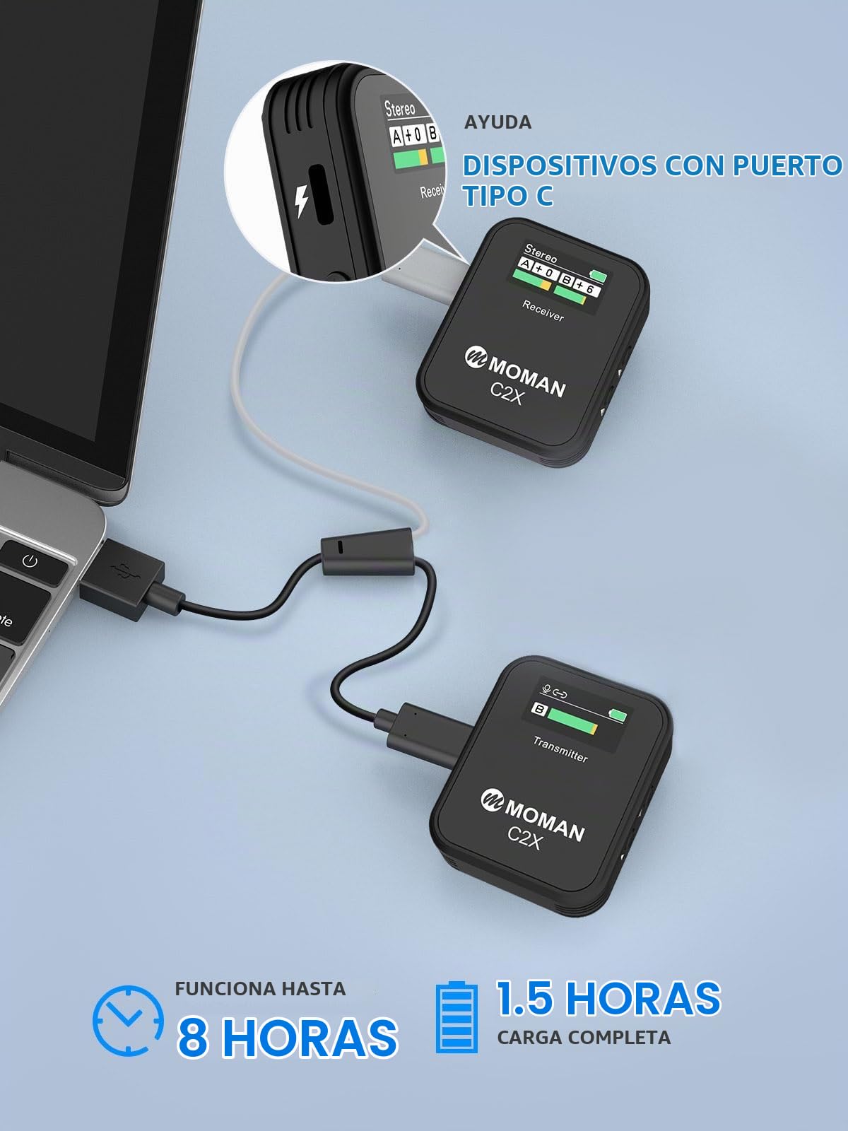 Moman Micrófono Solapa Inalámbrico Profesional, C2 Wireless Mic con Pantalla TFT para DSLR Cámara Móvil Videocámara Laptop y Tablet, Microfono-Inalambrico-Solapa-Micro-Corbata