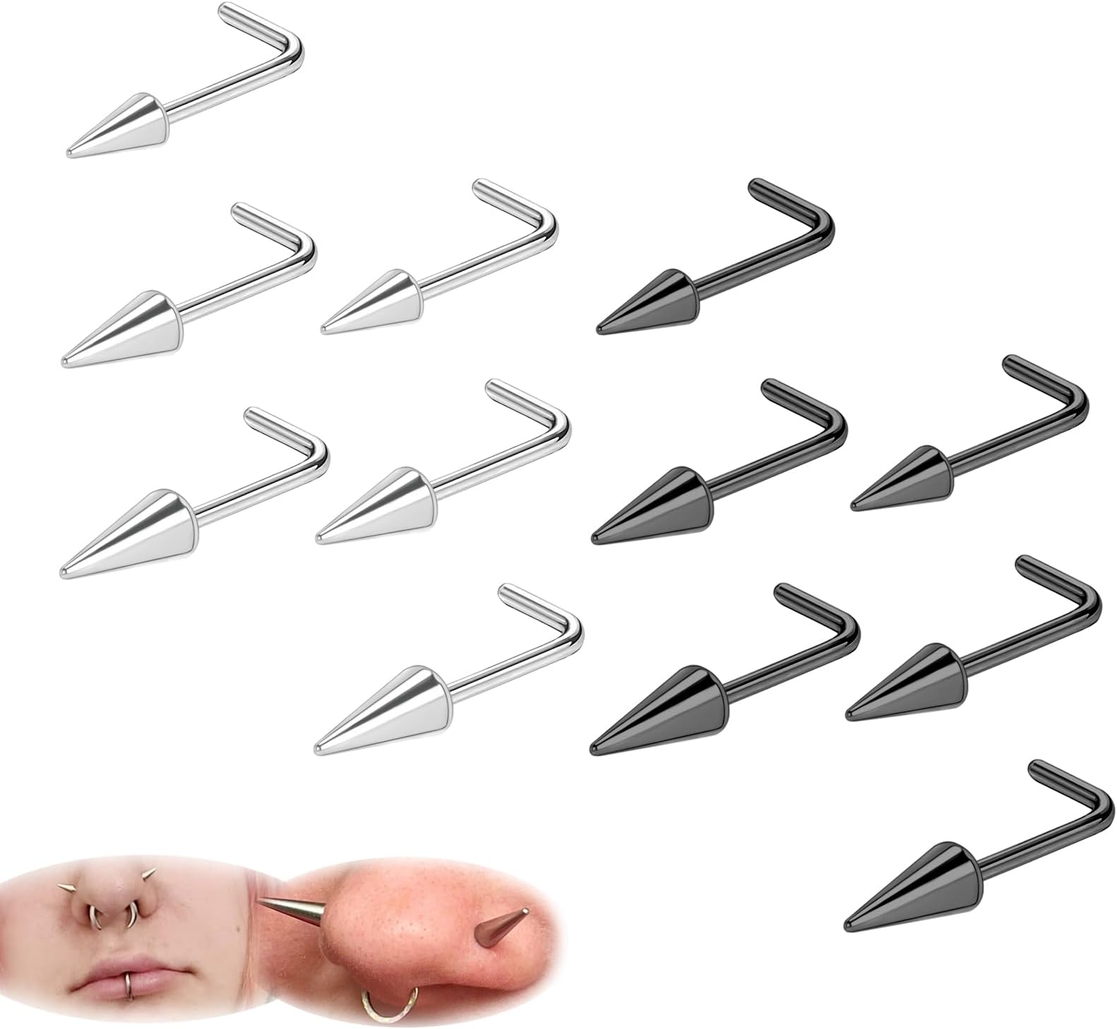 ZS20G Spike Nose Rings Studs, 18G Stainless Steel Spike Stud Earrings, 16G Septum Lip Rings Cartilage Tragus Helix Piercing for Women Men