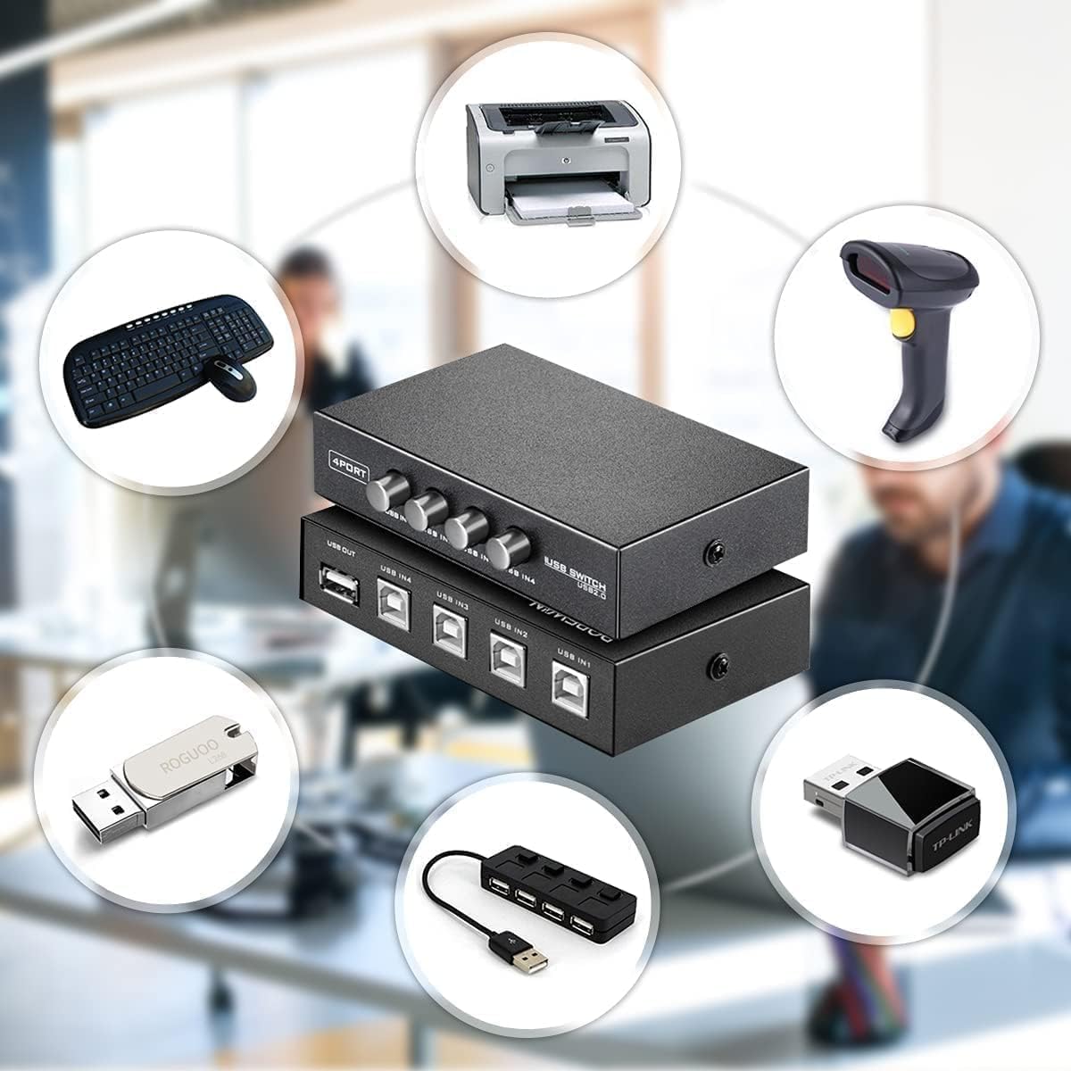 4 Port Printer shairing Switch USB 2.0 Selector Switch Box for 4 PC Share 1 USB Device Pri-nter PC Computer Scanner Printers (Black)