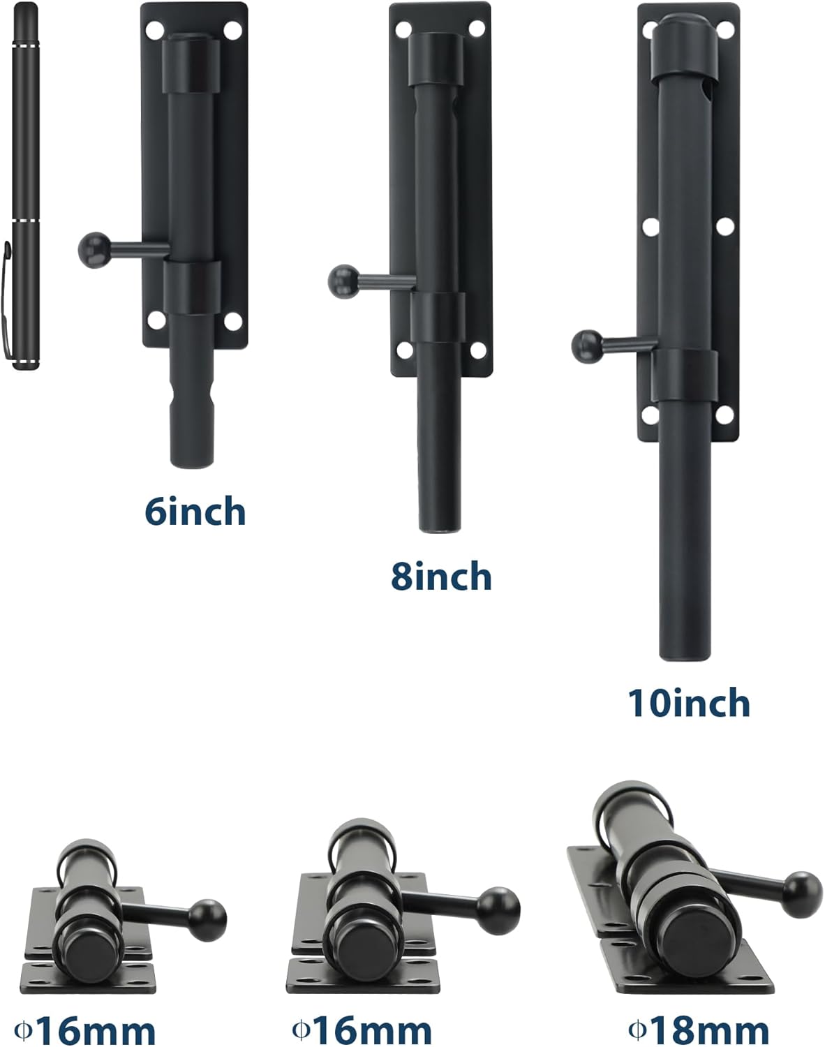 Alise 6 Inch Heavy Duty Slide Bolt Latch, SUS304 Stainless Steel Barrel Bolt Lock, Safety Door Lock for Wooden Fence/Barn Door/Outdoor Fence/Shed Door Matte Black MS8000-B