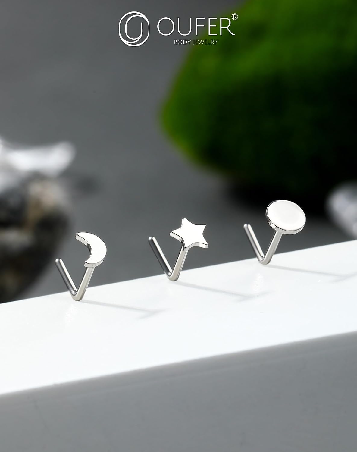 OUFER Nose Piercings, G23 Soild Titanium 20G Nose Ring, 3PCS L-Shaped Nose Studs For Women Men, Star Moon Nostril Piercing Jewelry