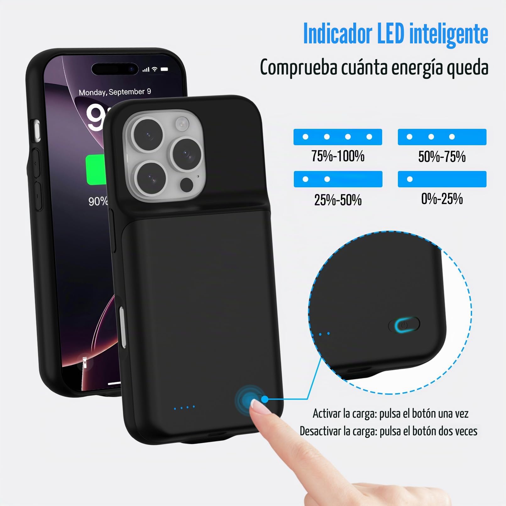 Funda de batería para iPhone 16 Pro (6.3 pulgadas), 7000 mAh, ultradelgada, 15 W, cargador rápido portátil, protección de 360°, batería extendida recargable para iPhone 16 Pro, color negro