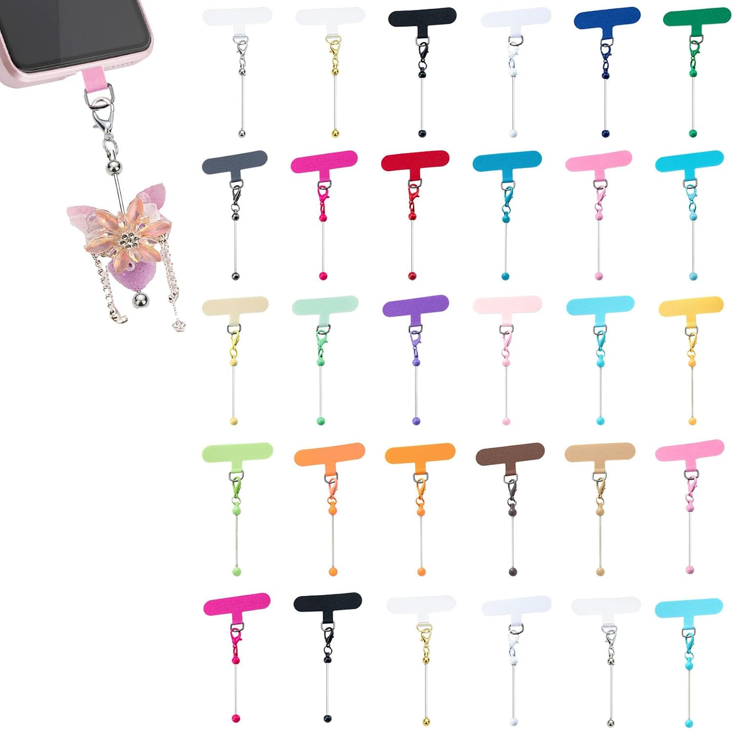 15 Pack Beadable Phone Charms with Blank Bar Smartphone Tether Tap Universal Lanyard Patch Accessories for Cell Mobile Phone