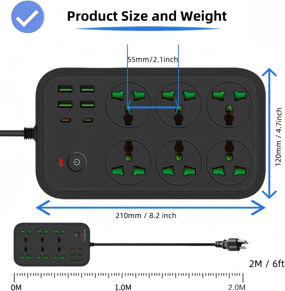 12 in 1 Power Strip with USB C, Universal Extension Cord with 6 Wide AC Outlets and 4 USB Ports, 110-240v, Max 3000w, Wall Mount International Plug Extender for Overseas Travel Work