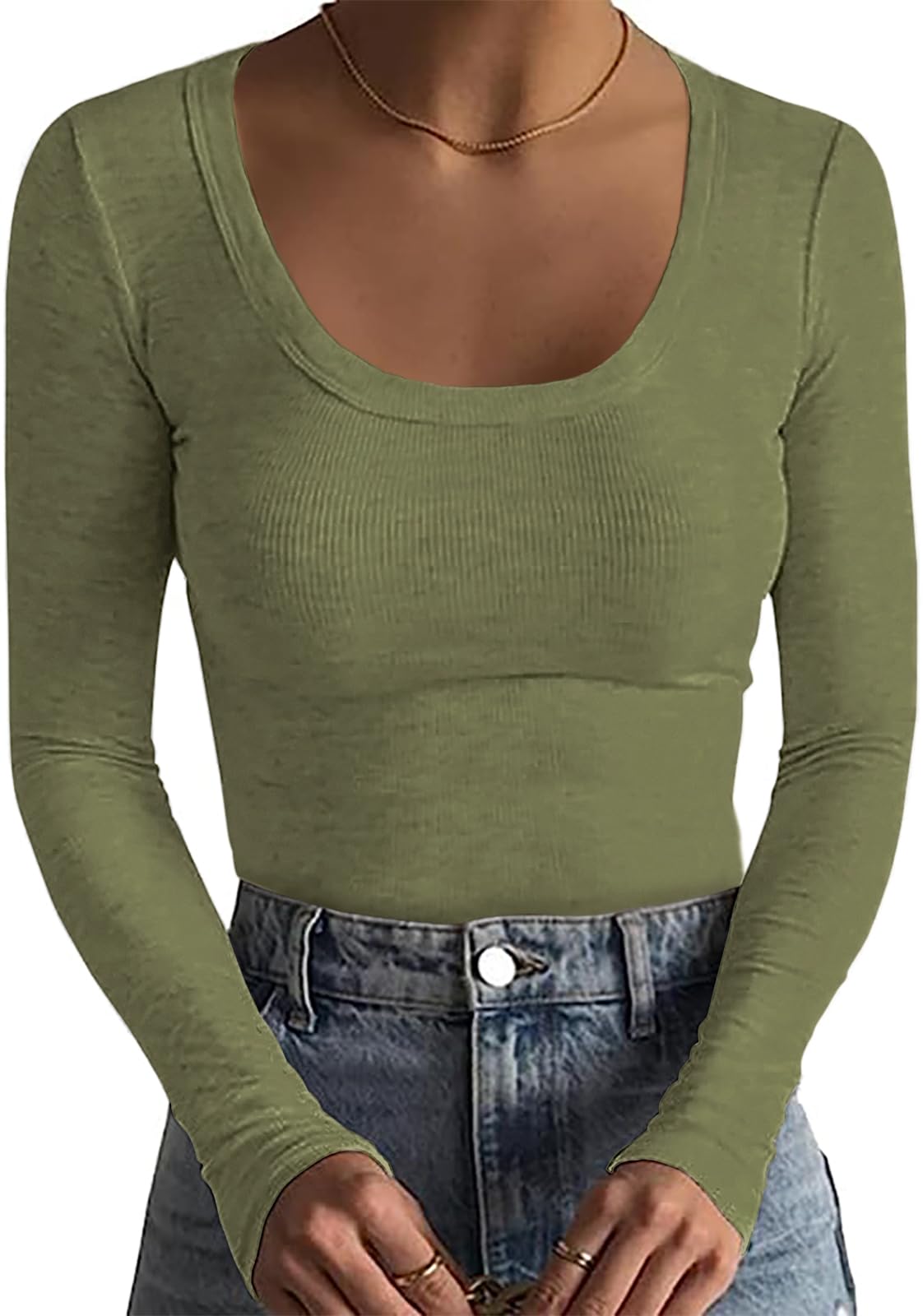 Basicspace Damen Gerippte Tops Schlank Hautfreundlich Basic T Shirt Einfarbig Tops Sexy Dehnbar Lässig Tief U Hals T Shirt Modisch Vielseitig Langarm Shirt