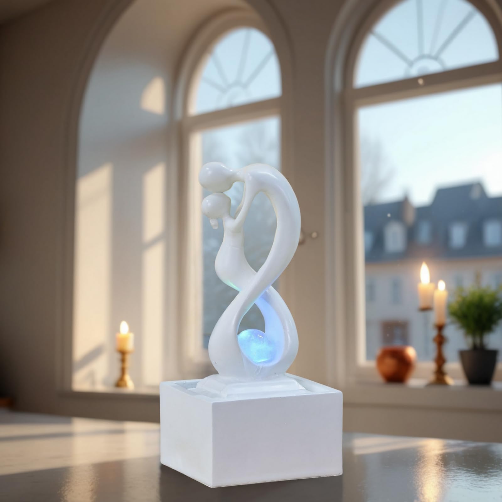 Zen'Light - Moderner Zimmerbrunnen Amor Weiß mit Farbigem LED-Licht - Zeitgenössische Innendekoration, Ideal für Meditation und Entspannung - Geschlossener Kreislauf mit Rotierender Kugel - 31x14x14cm