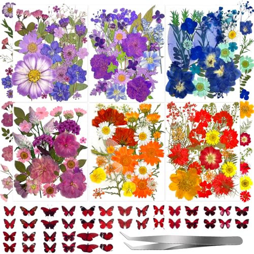 Image of 207 Pcs Dried Pressed Flowers for Crafts, Dried Pressed Flowers for Resin, Bulk Natural Dried Flowers Kit with Butterfly Stickers&Tweezers for DlY Resin Molds, Candles, Soap,Jewelry Making, Art Crafts