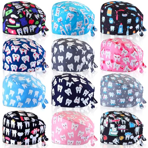 Image of Unittype 12 Pcs Dental Caps for Women Adjustable Dentist Scrub Cap Elastic Nurse Hats Teeth Pattern Working Hats Bulk