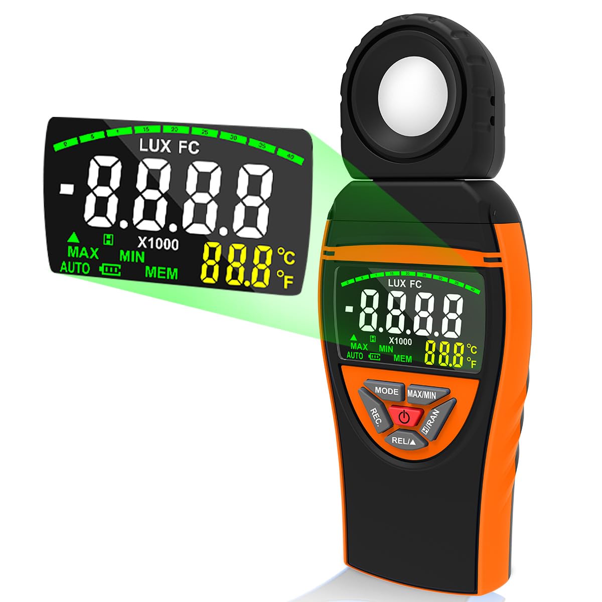 Luxmetre Numérique, WapoRich 0,1–400 000 Lux Luxmètre Professionnel avec Écran Couleur, Capteur Haute Précision, Lux/FC, Température, Max/Min pour Photographie, LED, Bureau, Serre(RQ-8801)