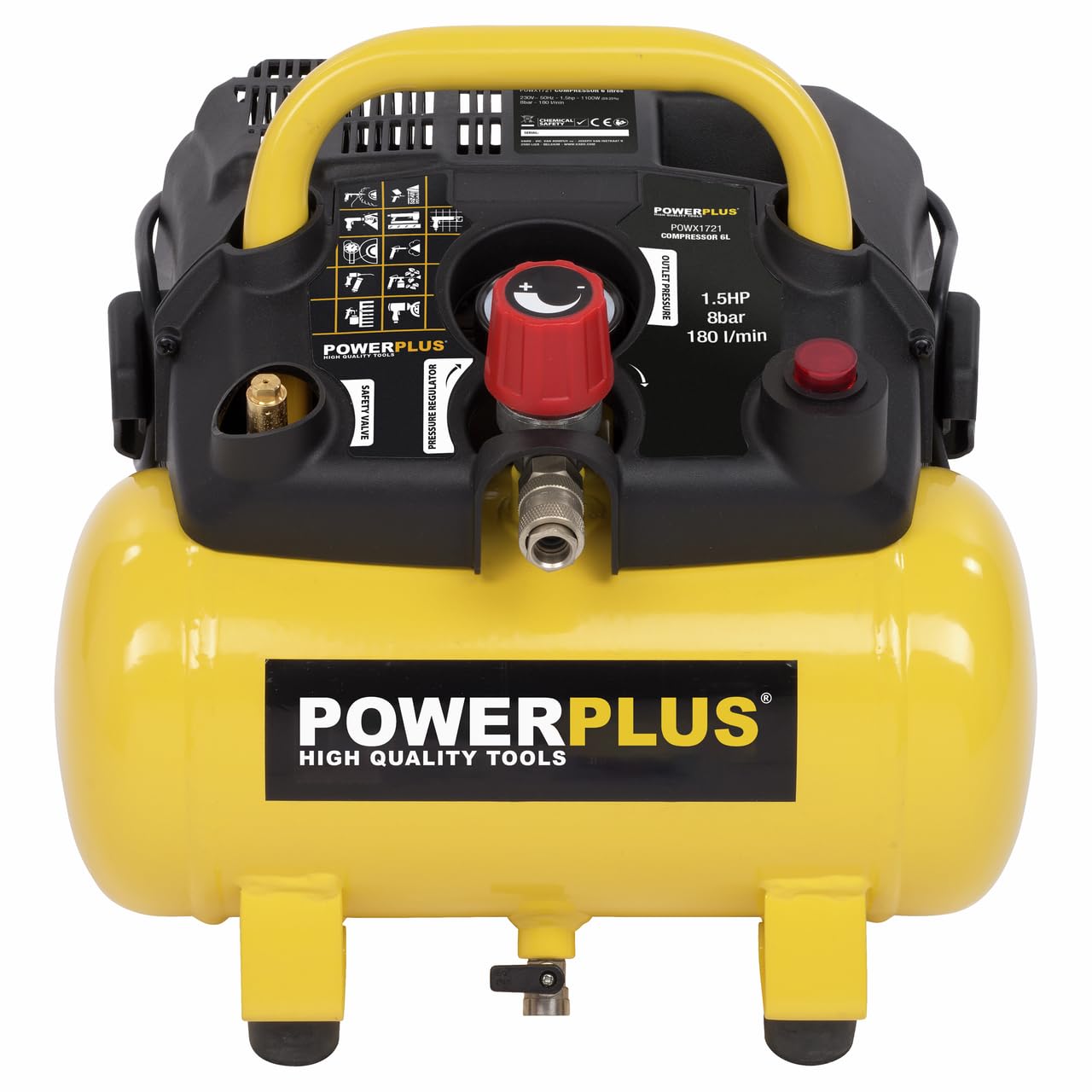 Powerplus Kompressor POWX1721 Luftdruckkompressor ölfrei mit 6l Tank - Luftkompressor mit Druckluft als Luftpumpe für Fahrrad - Kompressor mit 1100 W und 8 bar