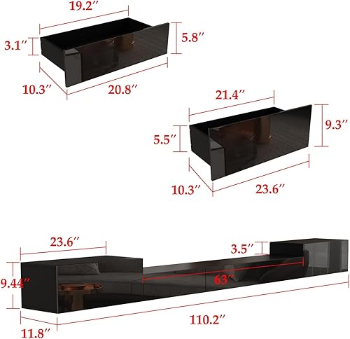 Miniatura 6 de MOUMON Consola de TV flotante con cajones y luces de alto brillo, moderno soporte de TV montado en la pared, centro de medios flotante para sala de