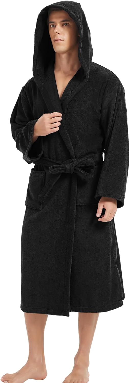 Mens Robe with Hood-Classic Terry Cloth Bathrobe for Men,Soft Knee Length Bathrobes