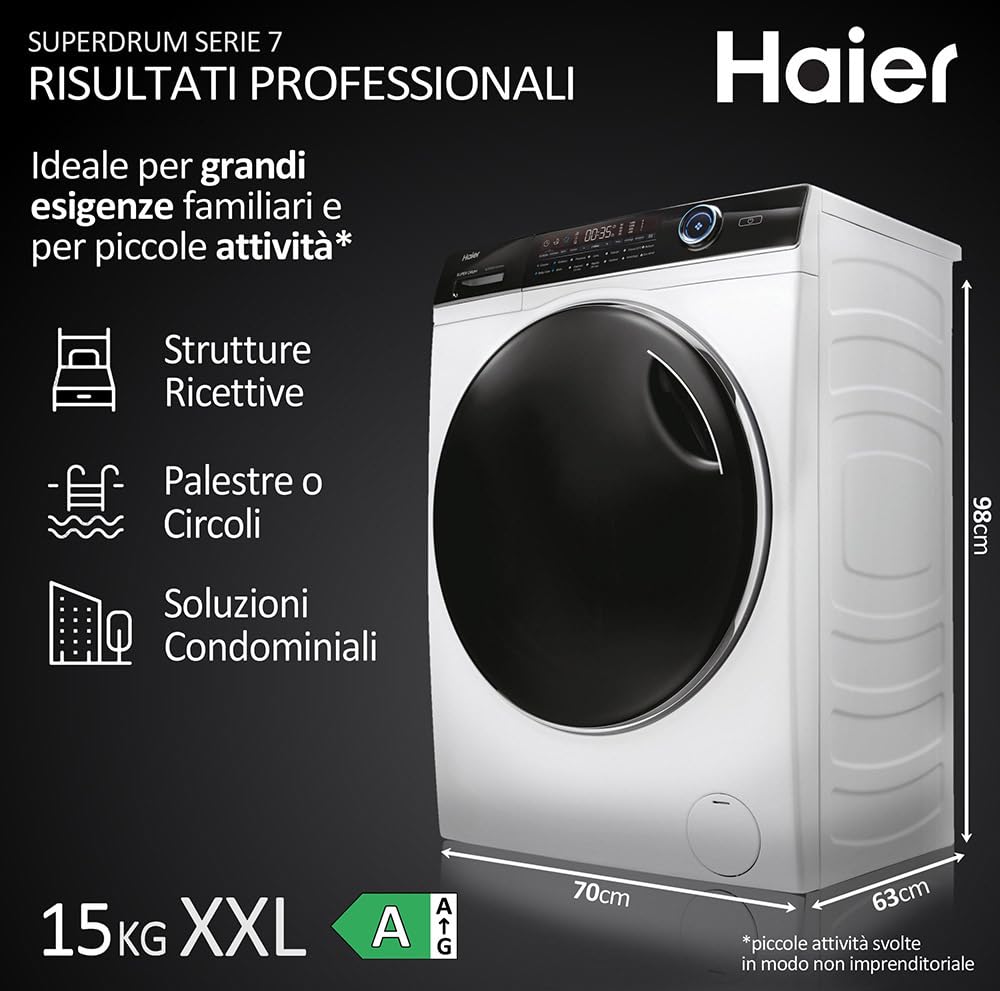 Haier I-Pro Series 7 Plus HW150-BP14986E Lavatrice, 15 kg. 1400 Giri, Motore Inverter BPM, Cestello XXL Illuminato, Classe A, AxLxP (Cm) 98x70x63, Bianco