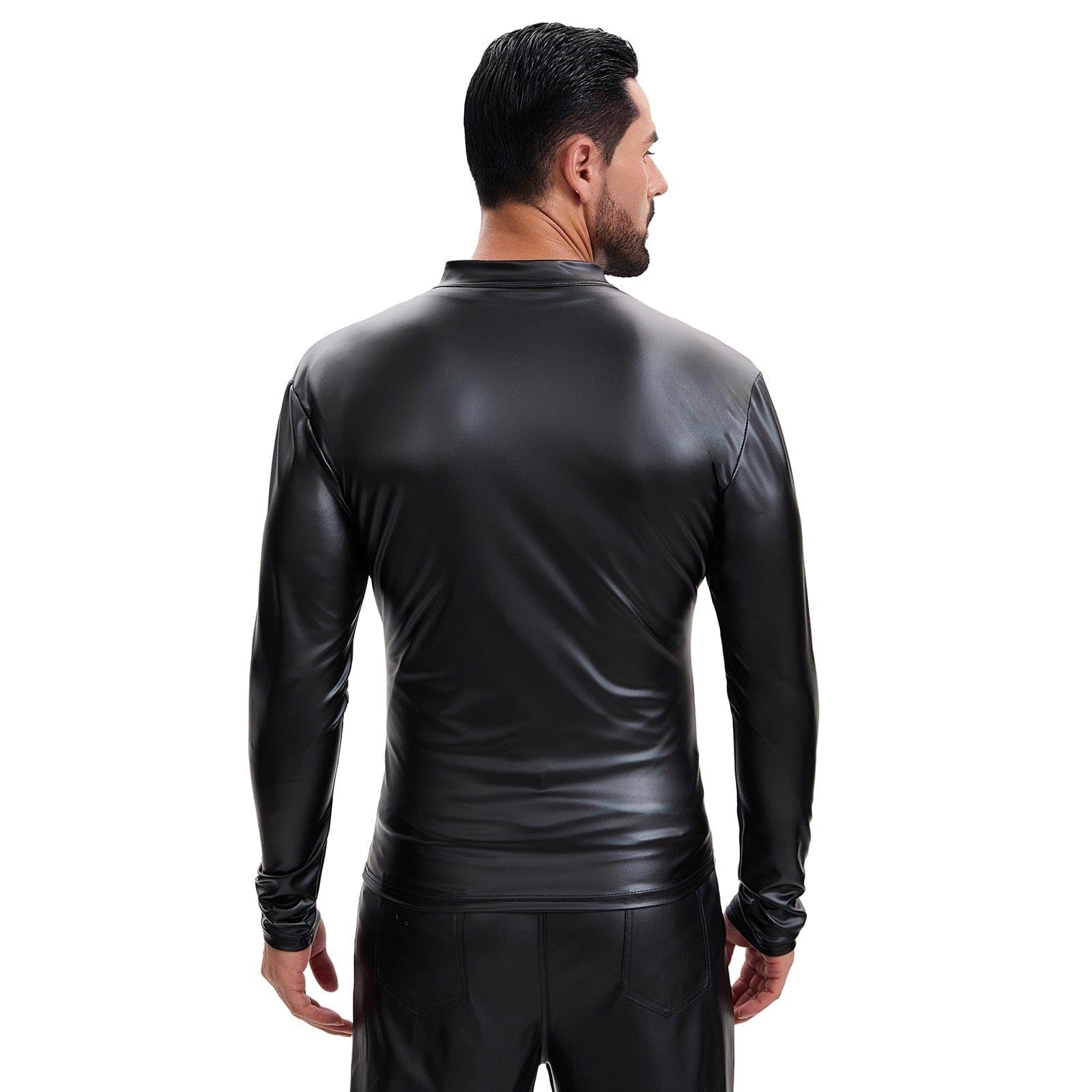 Chaqueta de cuello alto de cuero suave brillante para hombre, camisa de manga larga con cremallera completa, color liso elástico casual