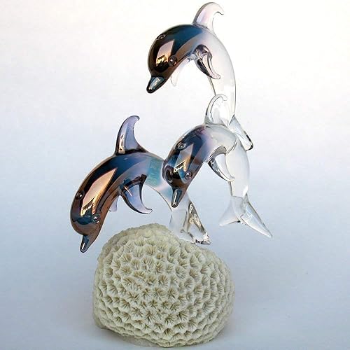 Miniatura 3 de Dolphin Figurine of Hand Blown Glass on Coral