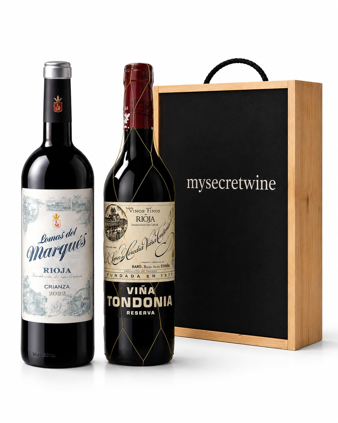 Coffret Prestige Vins de Rioja DOQ avec Caisse en Bois – Viña Tondonia Reserva & Lomas del Marqués Crianza – Coffret Cadeau Vin Rouge Espagnol Premium -MYSECRETWINE-