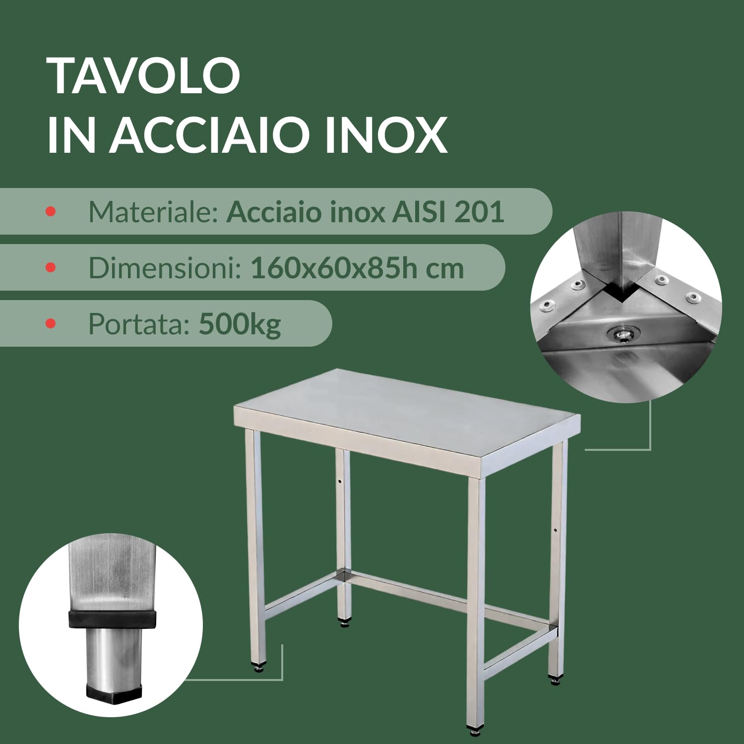 Tavolo in acciaio inox 160x60x85h cm su gambe con telaio VS