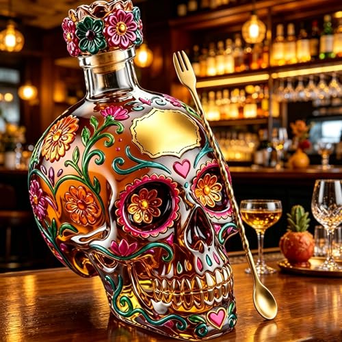 Bottiglia del Giorno dei Morti, Bottiglia di vino a tema teschio per il Giorno dei Morti, Decanter gotico a forma di teschio per tequila e whisky, Decanter in vetro con teschi dipinti a fiori (1pc)