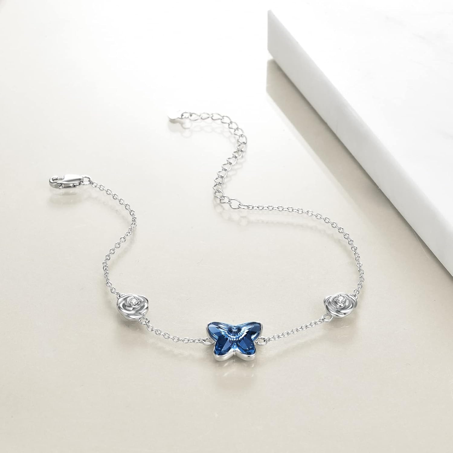CRMAD Butterfly Bracelet Sterling Silver Rose Flower Blue Crystal Butterfly Jewelry for Women(Butterfly, 17.5+5cm)