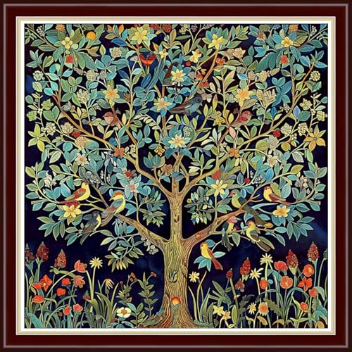 Image of Joyhoor Cross Stitch Kits for Beginners Stamped Cross-Stitch Supplies Needlework preprint Embroidery Kits for Adults DIY Needlepoint Kit Embroidery Patterns 11CT-Little Bird Tree of Life 18x18 inch