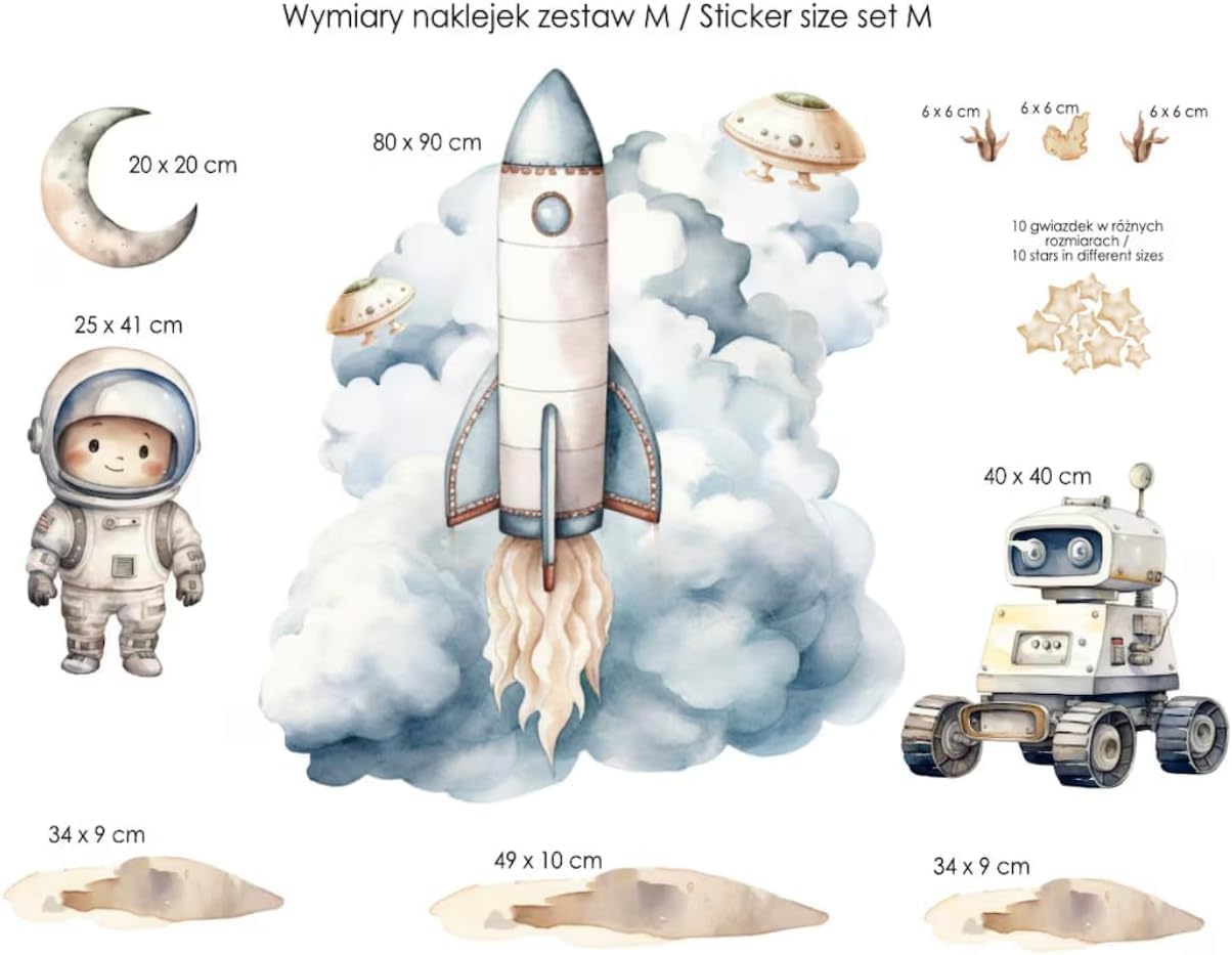Space Wall Decal - Rocket & Astronaut Planets Stickers - Space Ship Bedroom & Playroom Decor - Unisex Wallpaper Art Mural Vinyl Sticker (L)