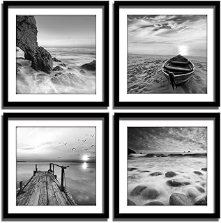 ENGLANT-4 Panels Set Framed Canvas Print for Seascape Beach and Boat Sunrise Scenery Black and White Giclee Canvas Print Wall Art Ready to Hang