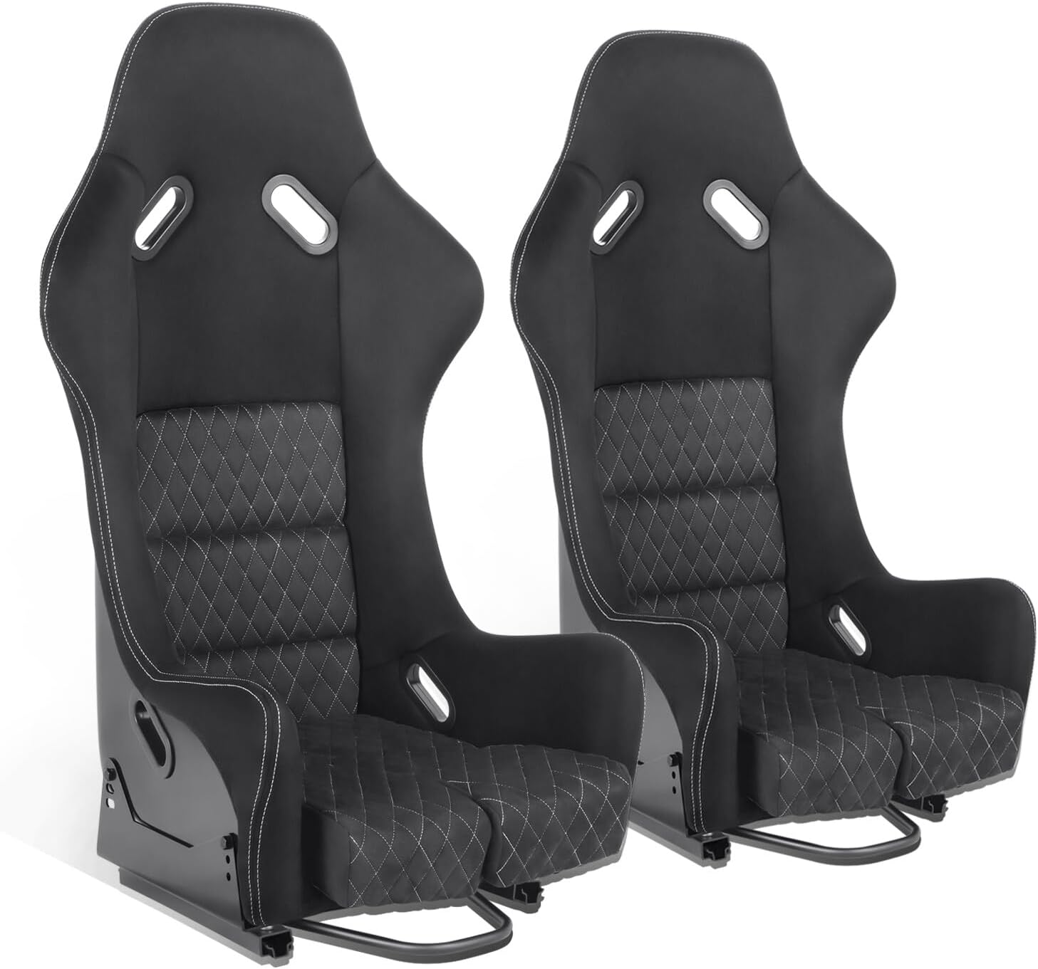 DNA MOTORING 2PCS Fixed Back Racing Bucket Seats with Dual Rails, Compatible with 5 Point Harness, Black Suede/White Stitching, RS-JBR-010-BK-WH