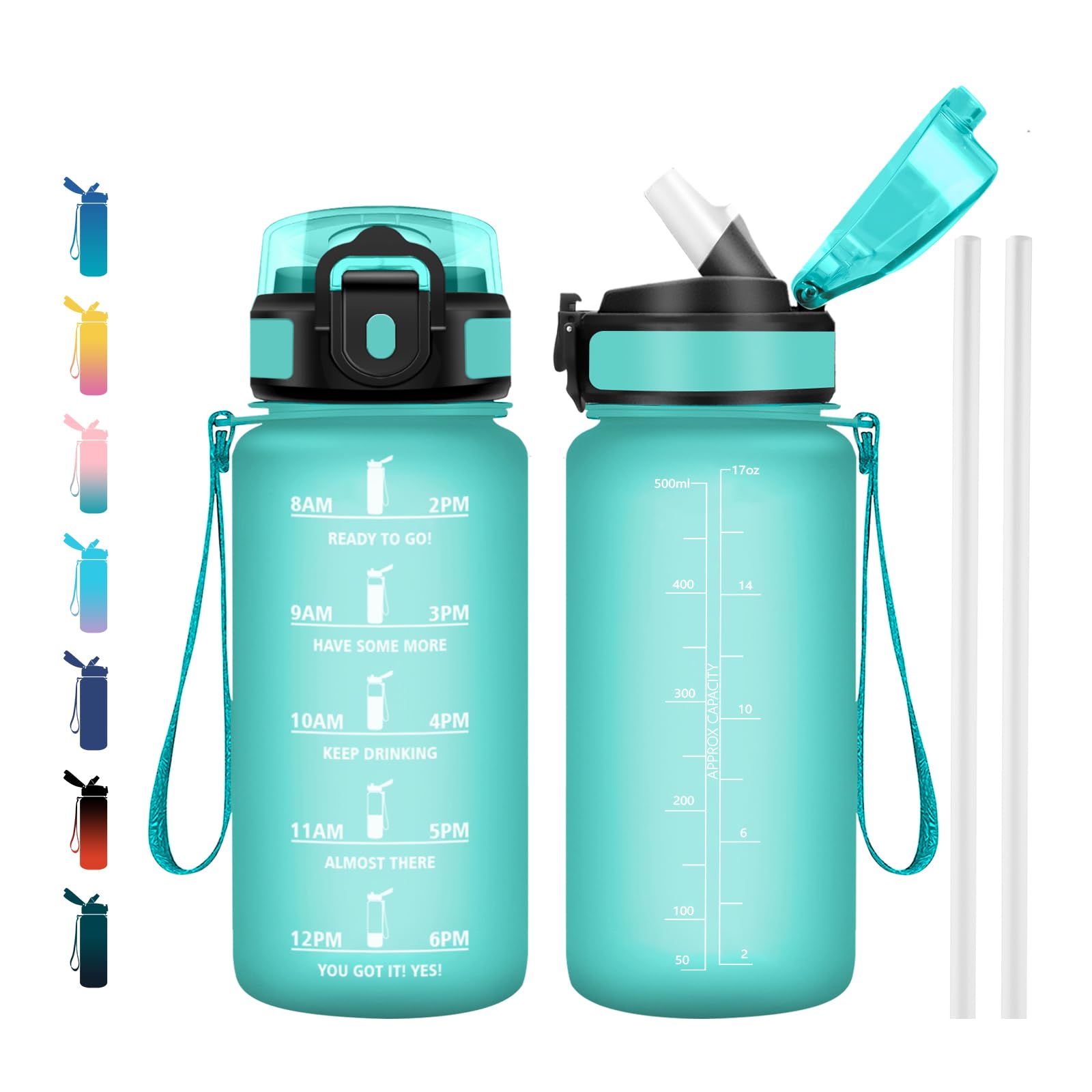 JAPORIA 500ml Water Bottle with Straw and Time Markers, BPA Free Water Bottle for School, Office, Sports