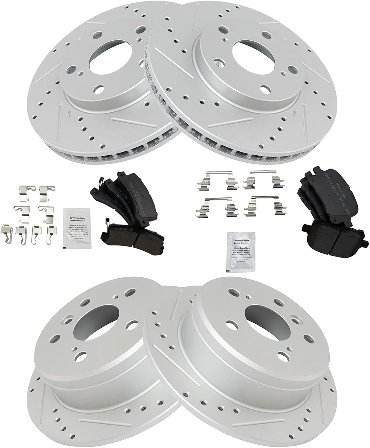 TRQ Front and Rear Brake Pad and Rotor Set Semi Metallic Coated Drilled Slotted Vented Solid Rotors Compatible with 1997-1999 Lexus ES300 1997-1999 Toyota Camry 1999 Solara