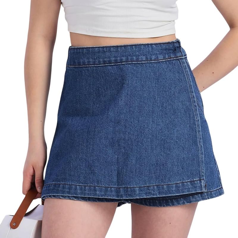 raw purple Women's Light Blue Denim Skort for Stylish Everyday Wear | Slim Fit Mini Wrap Skort with Frayed Hem, Stretch Denim | Trendy Solid Asymmetrical Jean Skirt Shorts for Women-picture-15
