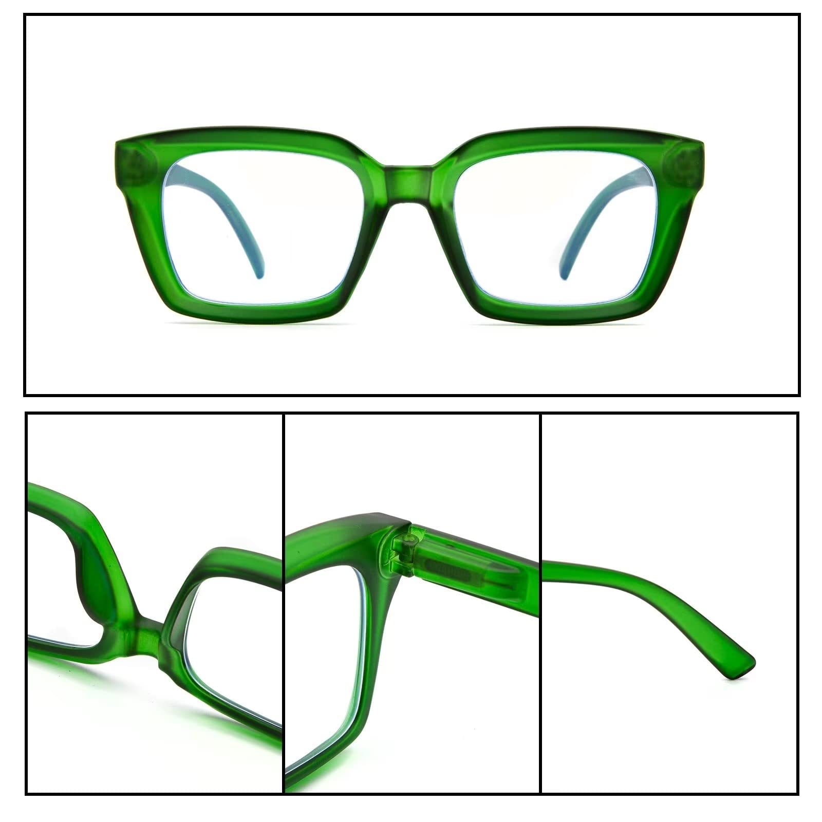 Amorays Occhiali da Lettura Oversize Square Frame Vintage con Anti Luce Blu Lenti Cerniera a Molla Occhiali Presbiopia Lettori per Donna Uomo 6561NEW(Verde,+2.5)