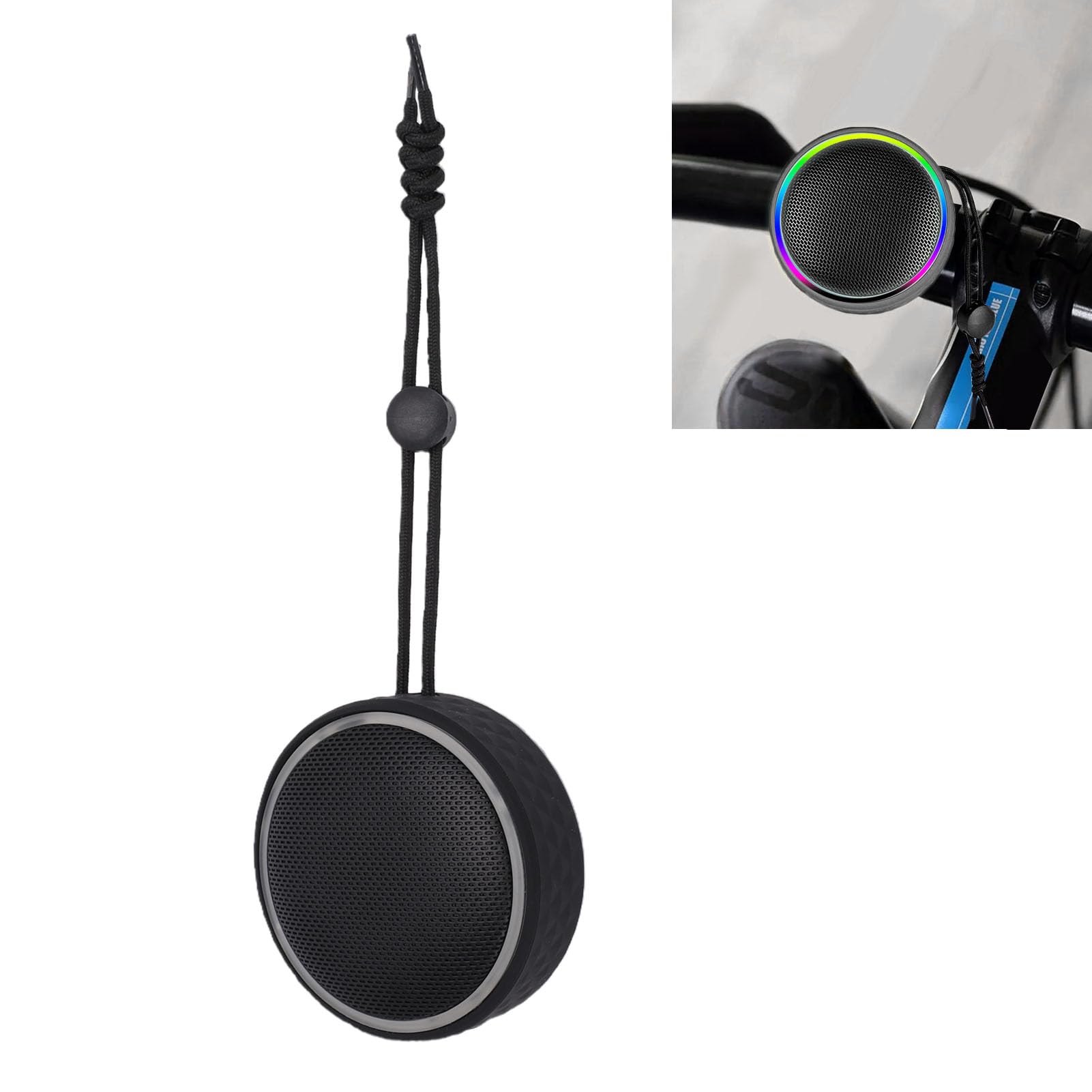 Bluetooth-Duschlautsprecher, Tragbarer, Kabelloser Stereo-Lautsprecher mit Saugnapf und Trageband, RGB-Beleuchtung, Wasserdicht nach IPX6 (Schwarz)