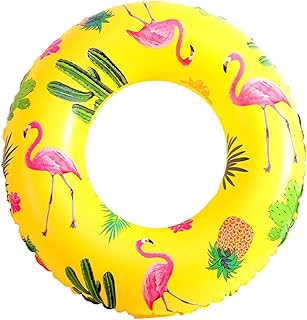 Inflatable Pool Float, Cartoon Inflatable Round Shaped Flamingo Swimming Float Ring Floties, Swim Ring Tube with Repair Patch for Kids Adults, Pool Floatie Outdoor Water Fun Toys for Pool Party