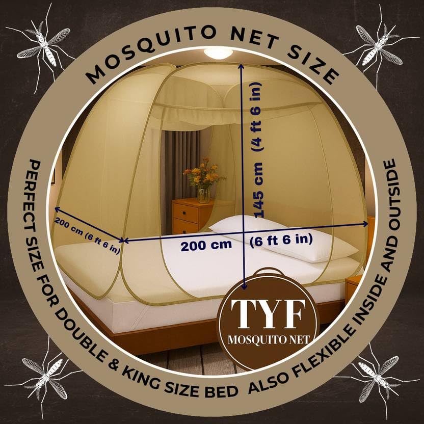 Image of TYF Mosquito Net for Bed Made with Polyester Material | Foldable Mesh Design | Lightweight and Portable Structure | Easy to Use Khaki (6.15 Feet X 6.15 Feet) Double Bed