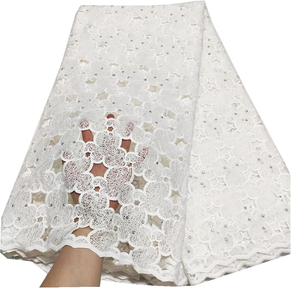 LadyQ White French African Swiss Lace Fabric Soft Nigerian Guipure Cord Milk Silk with Stones for Wedding Dress 5 Yards 896LD