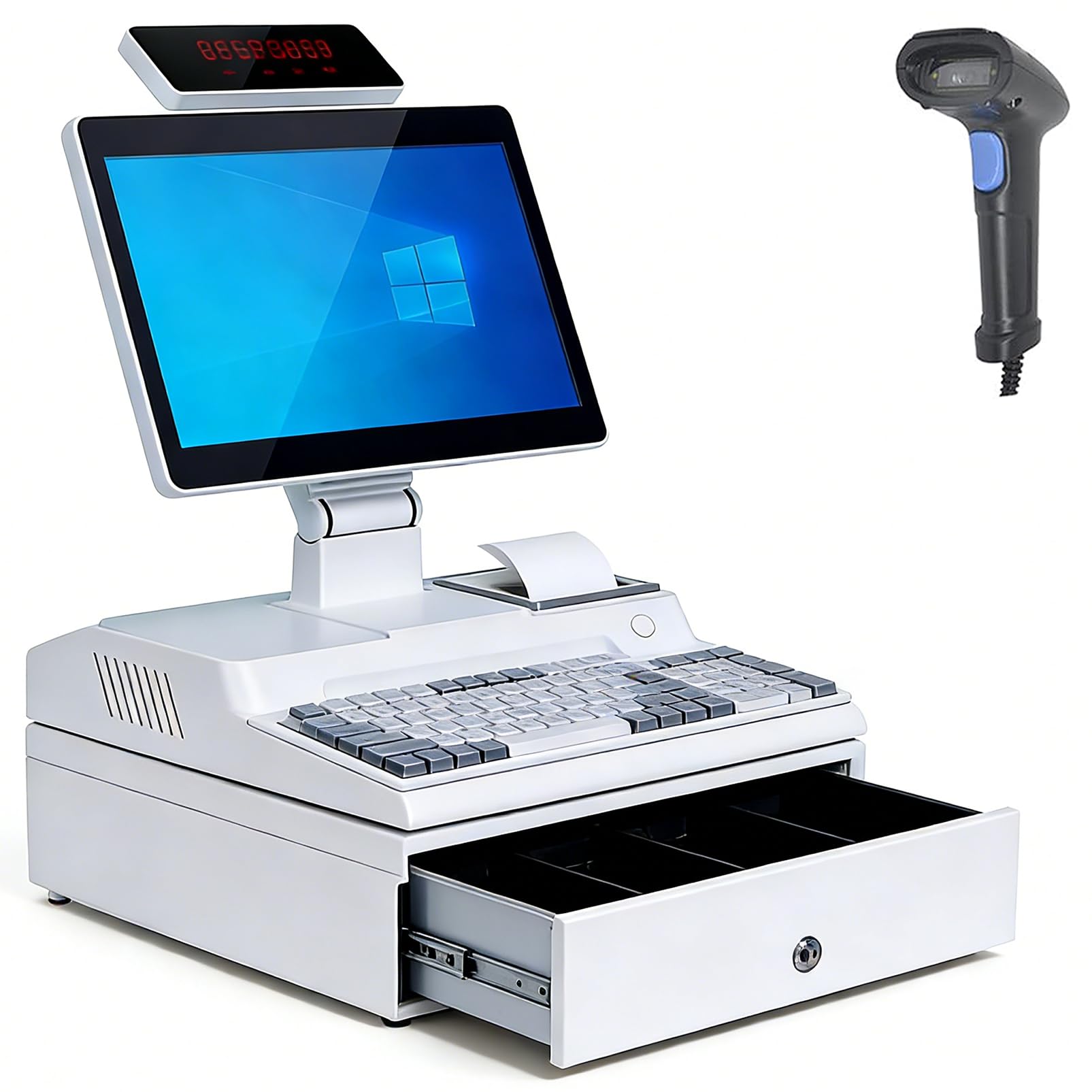 Registratore di Cassa Pos, Registratore di Cassa All-In-One per Piccole Imprese, con Touch Screen da 14", CPU I3 Dual-Core, Cassetto Contanti, Stampante da 58 mm, Scanner per Codici a Barre White