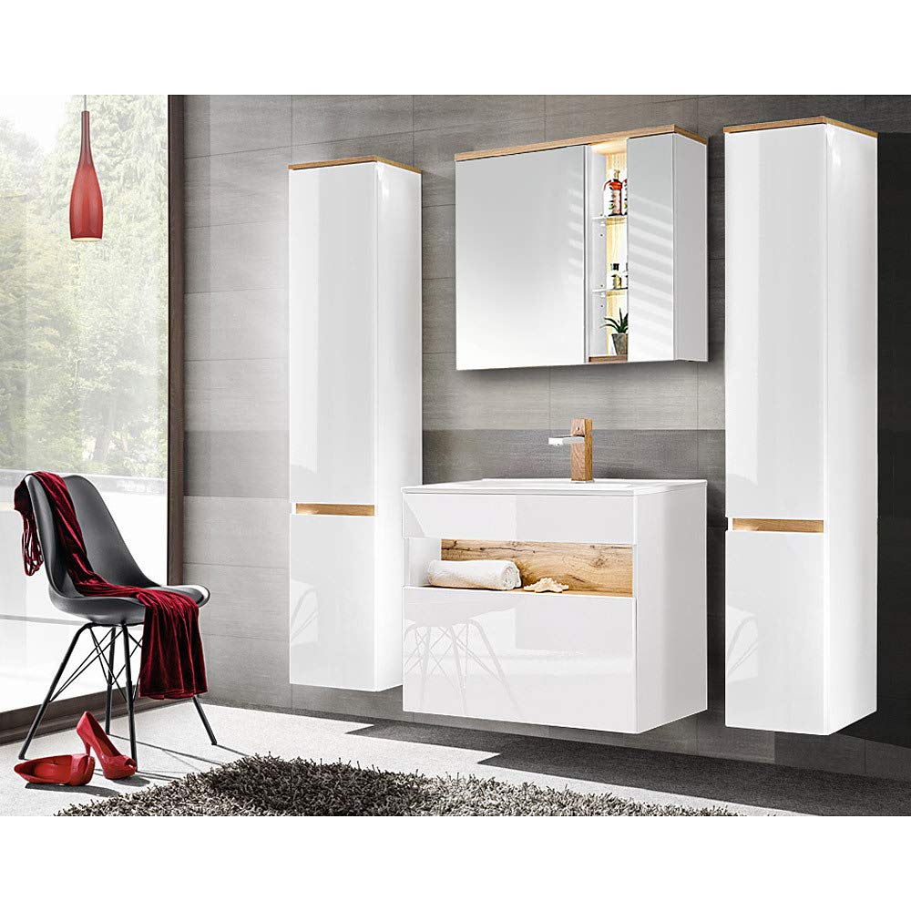 Lomadox Badmöbel Komplett Set, 80cm Unterschrank mit Keramik Waschbecken, Hochglanz weiß mit Wotaneiche, 2 Hochschränke und LED-Spiegelschrank