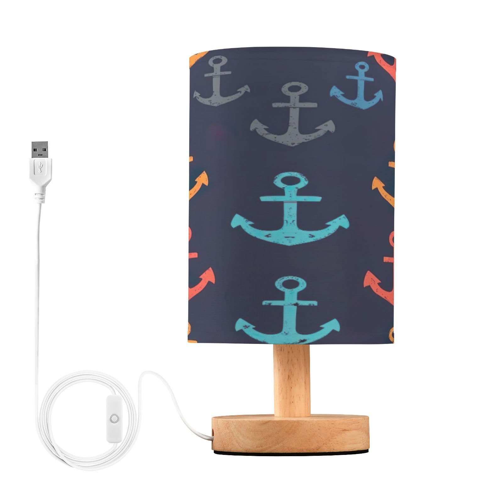 SDMKA Colorful Anchors Bedside Table Lamp for Bedroom, Minimalist Nightstand Lamp with Round Fabric Shade for Living Room, Office, No Bulb Required