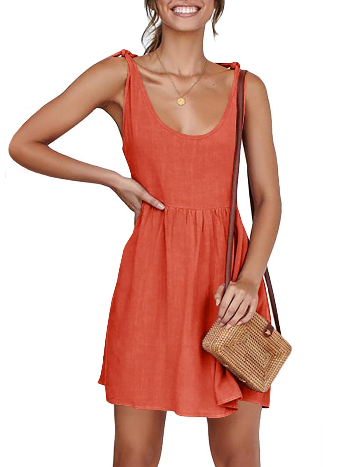 CNJFJ Womens Summer Shoulder Tie Strap Babydoll Dress Casual Scoop Neck A-Line Skater Swing Mini Sundress