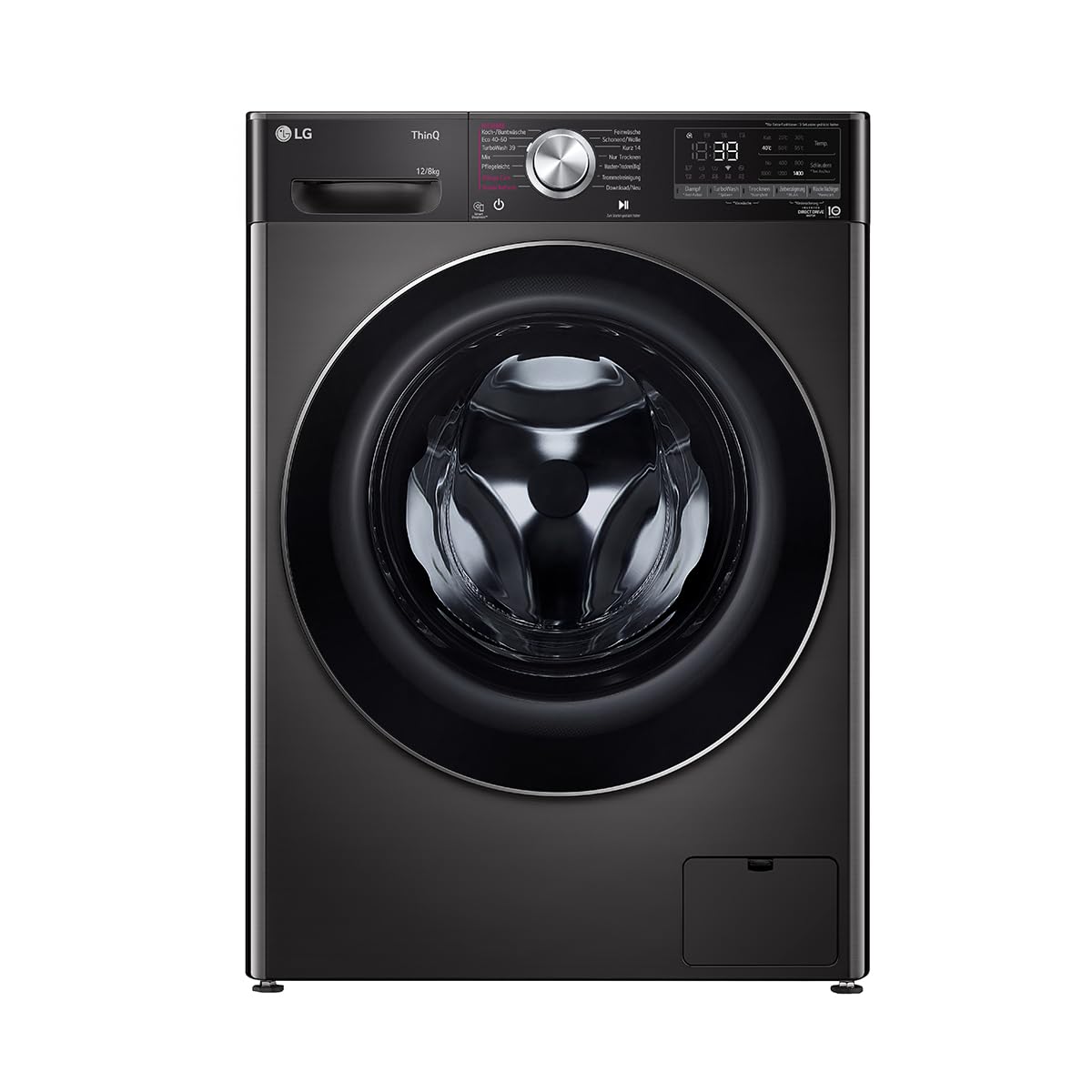 LG V9WD128H2B, Klasse A, Waschtrockner 12-8 kg, 1360 U/min, AI Direct Drive, Nachlegefunktion, Schnellwaschgang in 39 Min., mit Dampf, 60 x 61 x 85 cm ꟷ Black Stainless Steel